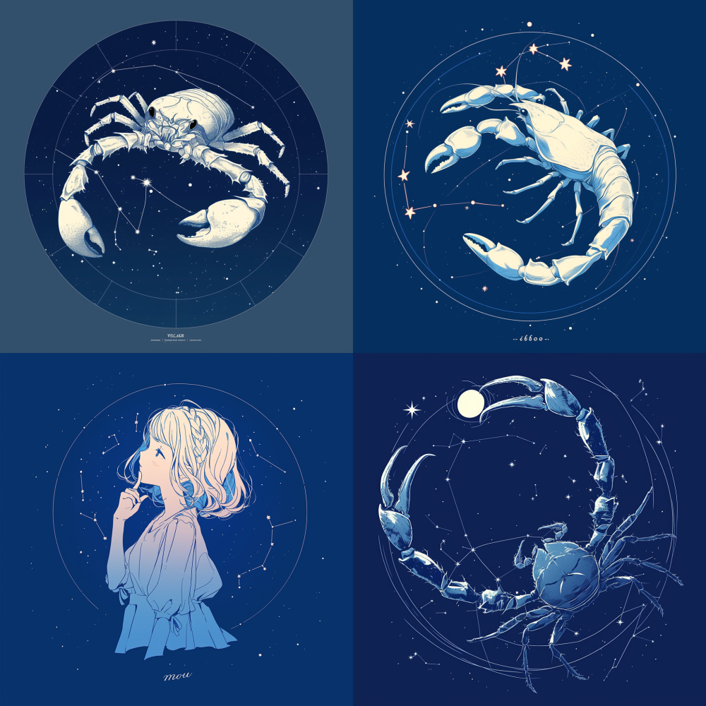 A minimalistic white line drawing of the zodiac sign Scorpio against a dark blue starry sky background, with thin lines and ample white space around the drawing. --niji