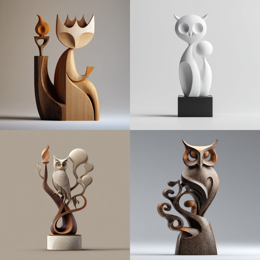 Minimalist abstract style, trophy design, three-dimensional effect. The overall shape of the trophy is an owl, holding a torch in the posture of a guardian. The shape of the tree crown serves as a trophy base, showcasing a unique artistic sense. The overall shape is abstract and simplified 3D