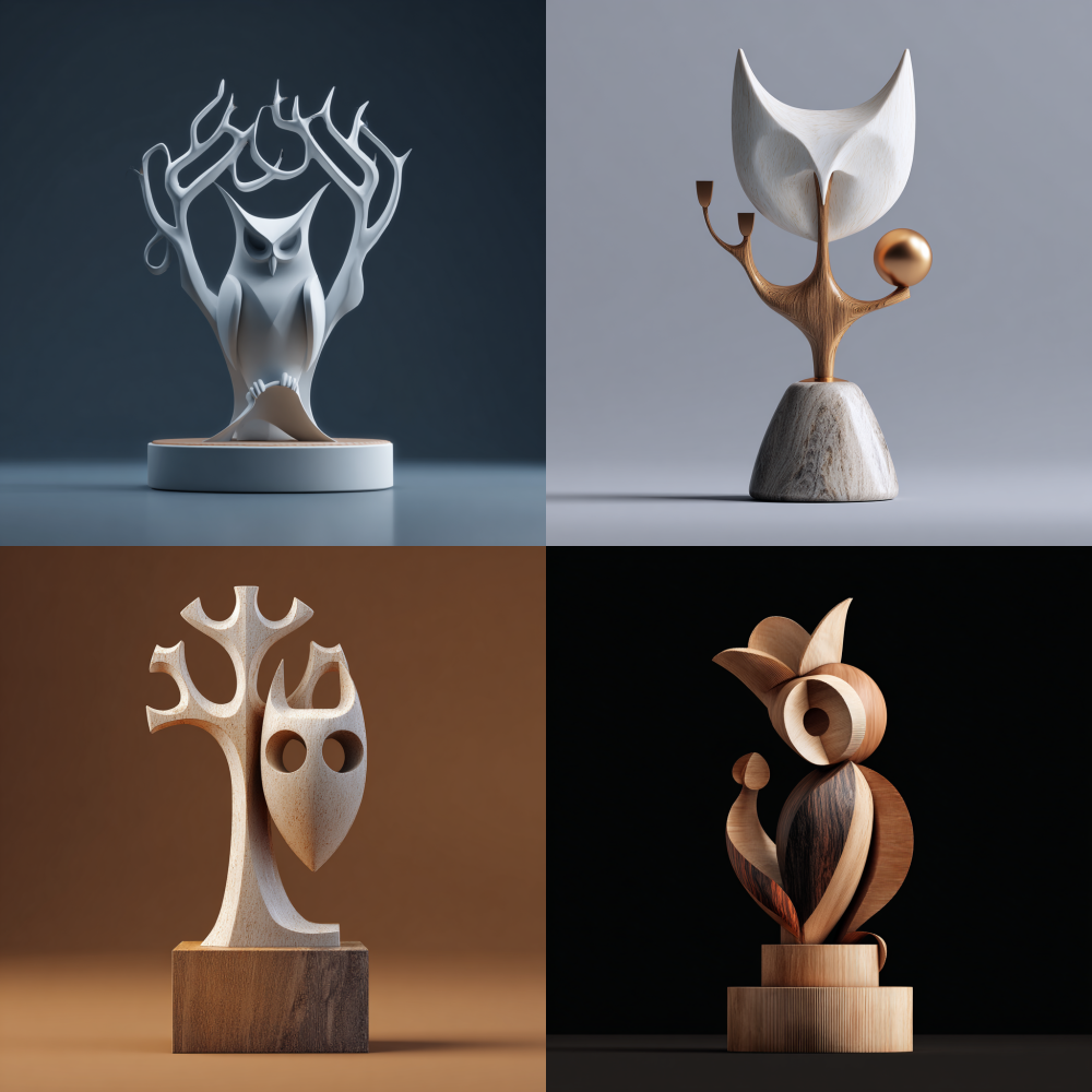 Minimalist abstract style, trophy design, three-dimensional effect. The overall shape of the trophy is an owl, holding a torch in the posture of a guardian. The shape of the tree crown serves as a trophy base, showcasing a unique artistic sense. The overall shape is abstract and simplified 3D
