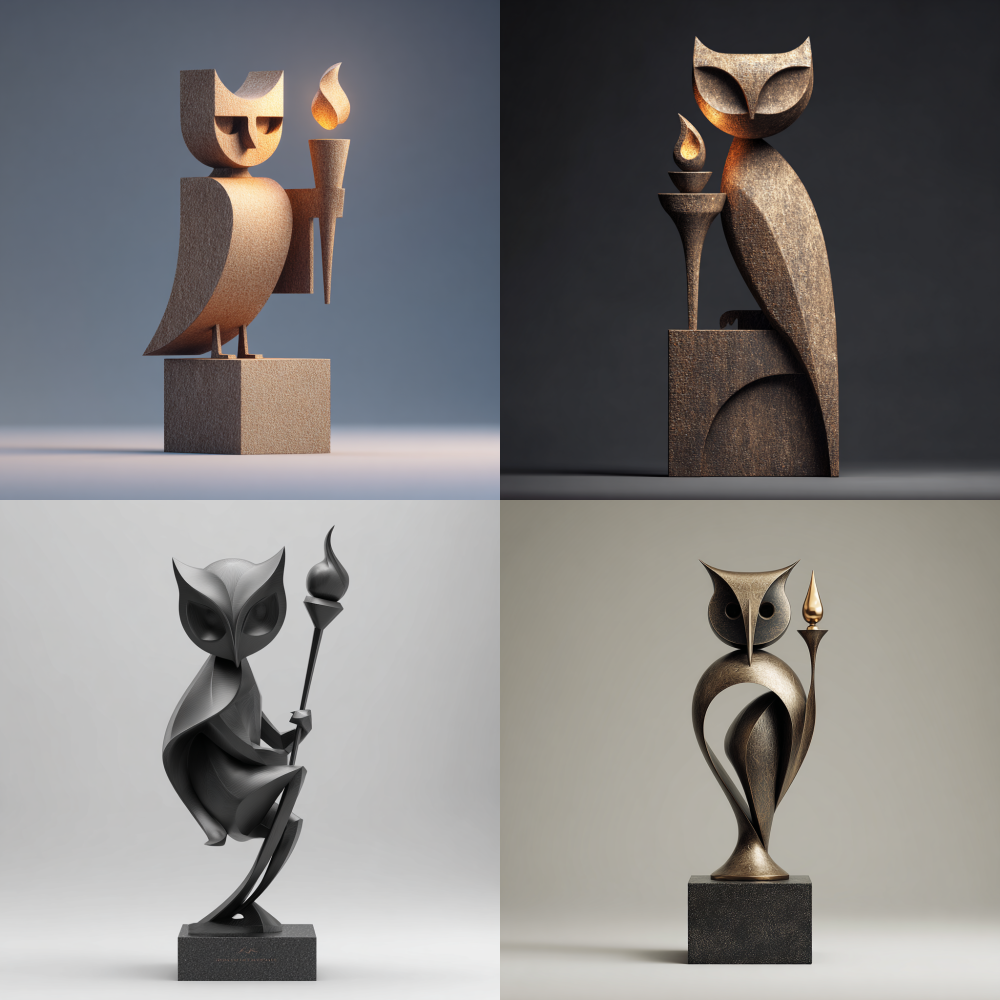 Trophy design, abstract, minimalist, owl holding a torch, guardian posture, minimalist style, three-dimensional effect 3D