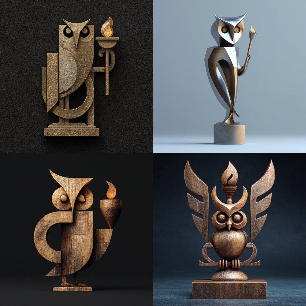 Trophy design, abstract, minimalist, owl holding a torch, guardian posture, minimalist style, three-dimensional effect, metallic texture 3D