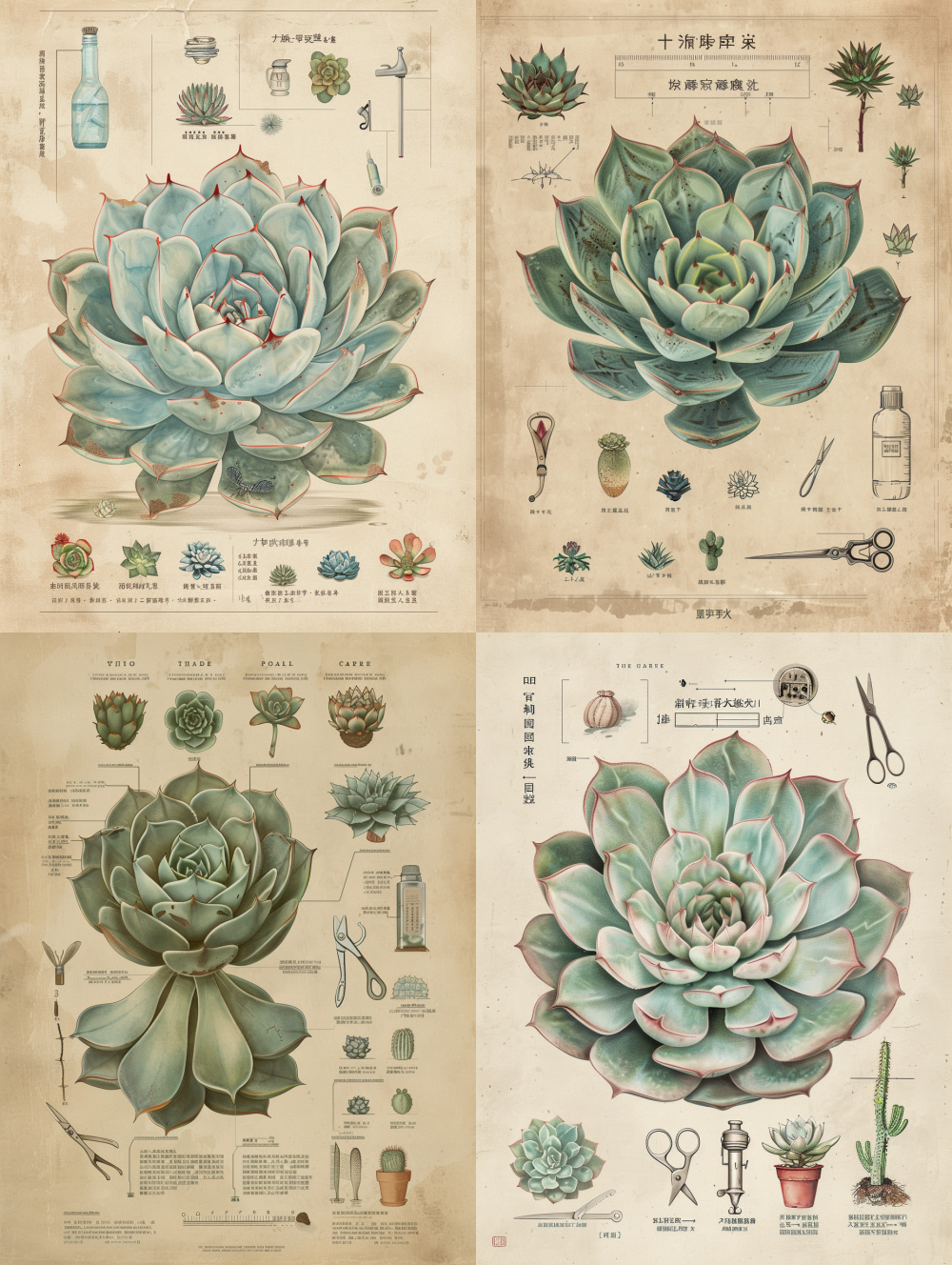 The Fairy Dance an elegant botanical care poster for the succulent Echeveria derenbergii (), featuring an artistic flatlay, beautifully illustrated plant care tips, soft beige background, minimalist aesthetic, graceful Chinese characters for plant disease control, charming icons for pests, black spots, scissors, watering can, and spray bottle, harmonious layout, warm natural lighting, Pinterest-inspired style --ar 3:4 --v 6 --style raw
