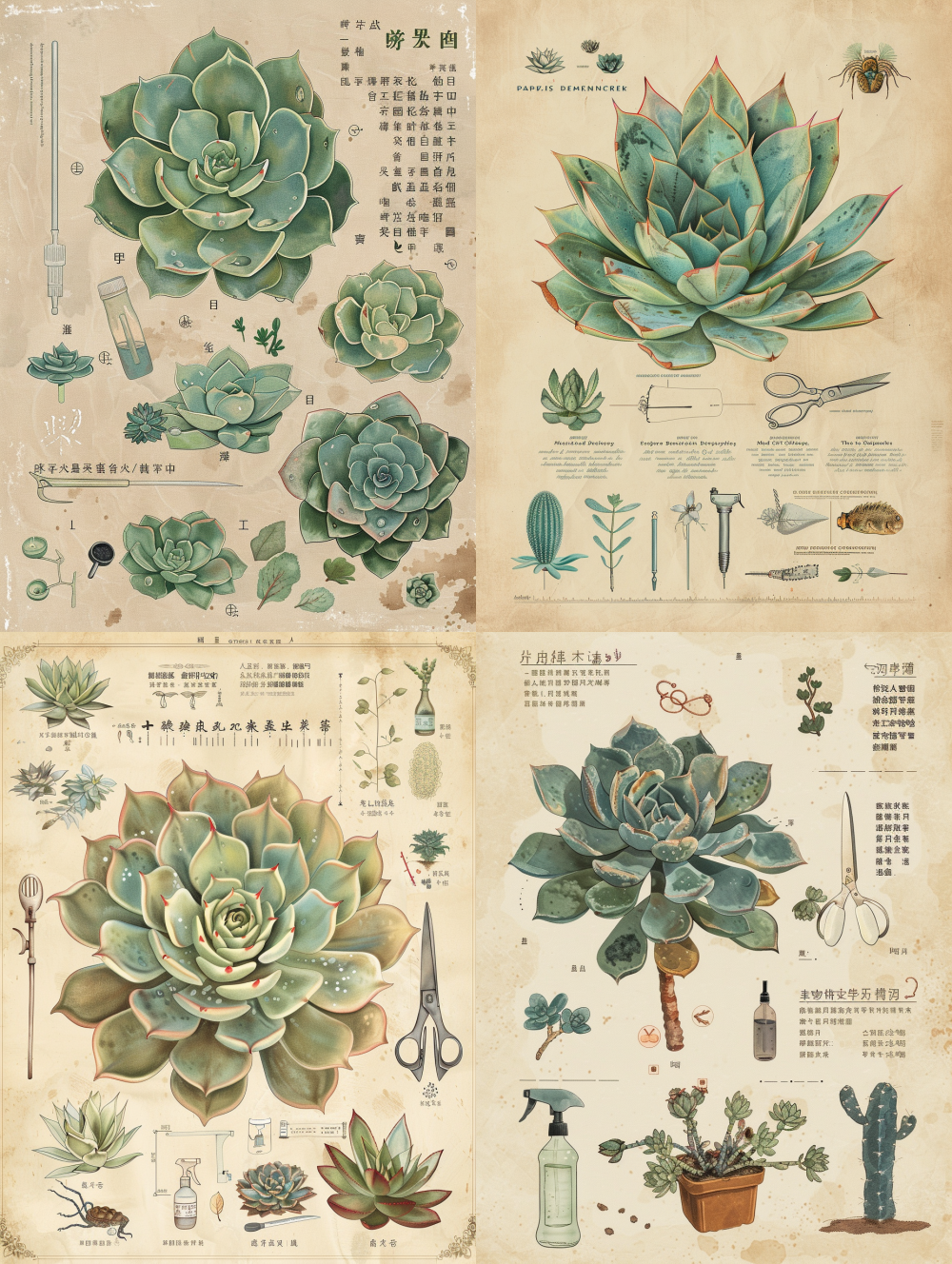 The Fairy Dance an elegant botanical care poster featuring the succulent plant Echeveria derenbergii (), captivating aesthetic flatlay, beautifully illustrated plant care tips, gentle soft beige background, minimalist design, graceful Chinese characters for plant disease control, charming icons for pests, black spots, scissors, watering can, and spray bottle, harmonious clean layout, warm cozy natural lighting, Pinterest-inspired style --ar 3:4 --v 6 --style raw