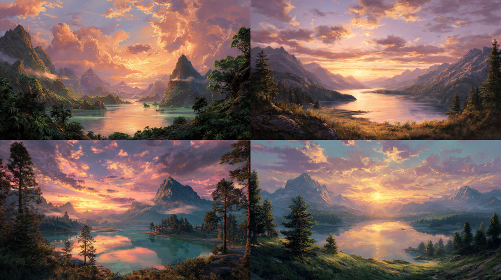 A breathtaking landscape featuring a serene lake surrounded by majestic mountains, with a vibrant sunset casting warm hues across the sky. Lush greenery frames the scene, while soft clouds drift lazily above, creating a tranquil atmosphere. The water reflects the colors of the sunset, adding a magical touch to the composition. --ar 16:9