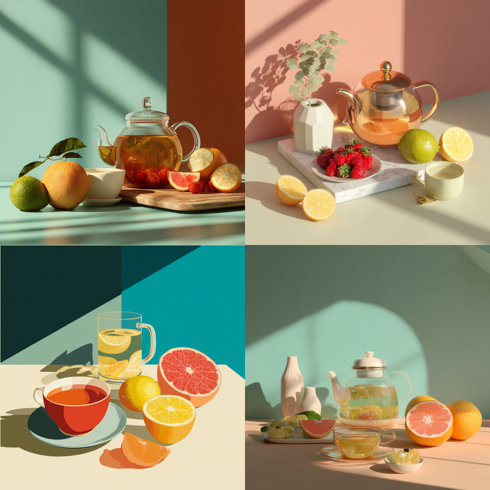 Tea and fruit, modern minimalist scene