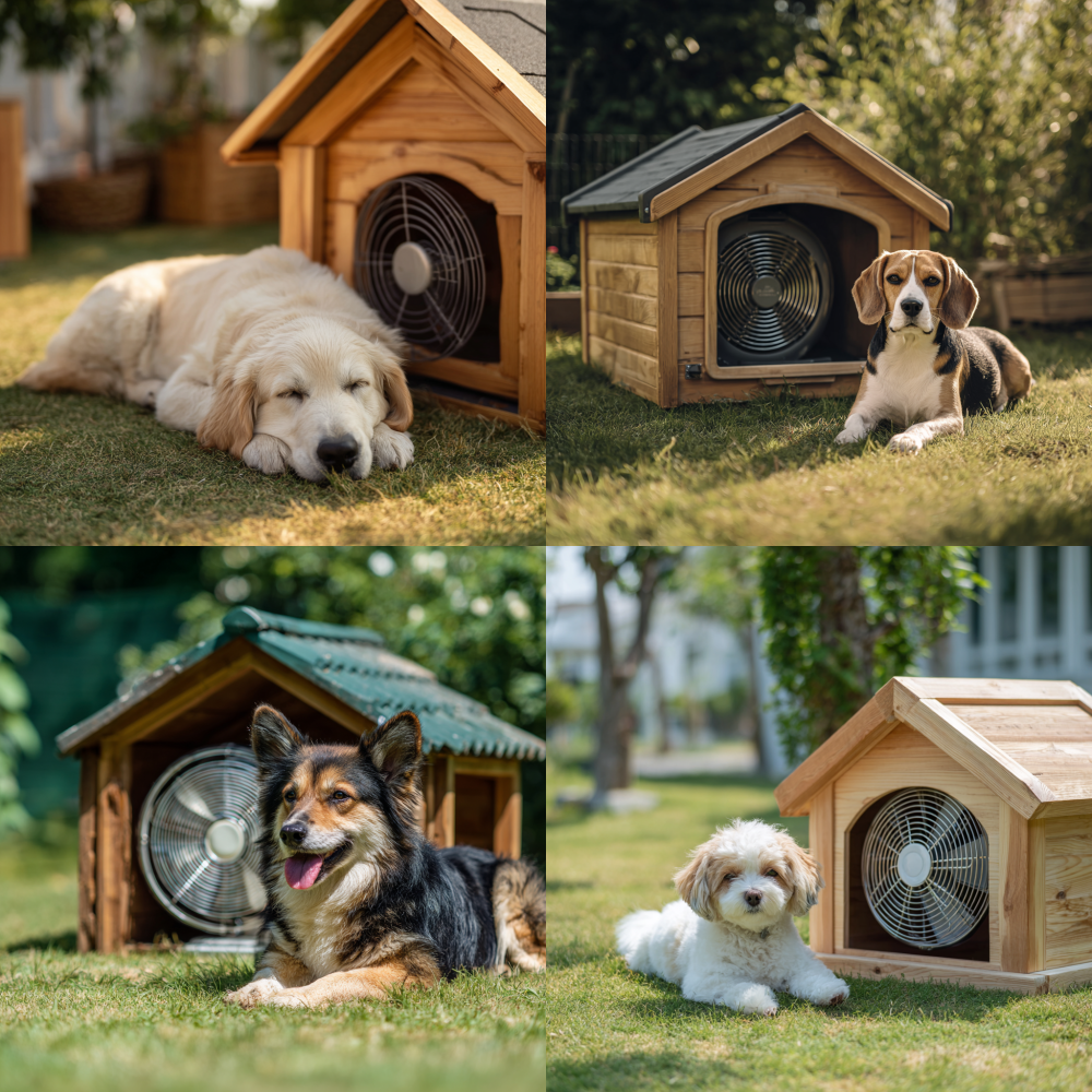 The fan is on the grass, Outdoor dog house, with a fan on the lawn, the dog has been lying on the lawn blowing the fan, real photo, highest resolution, 8K --style raw