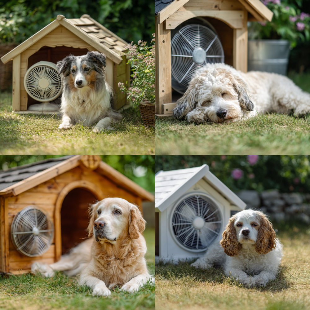 Do not place the fan inside the dog house, The fan is on the grass, Outdoor dog house, with a fan on the lawn, the dog has been lying on the lawn blowing the fan, real photo, highest resolution, 8K --style raw