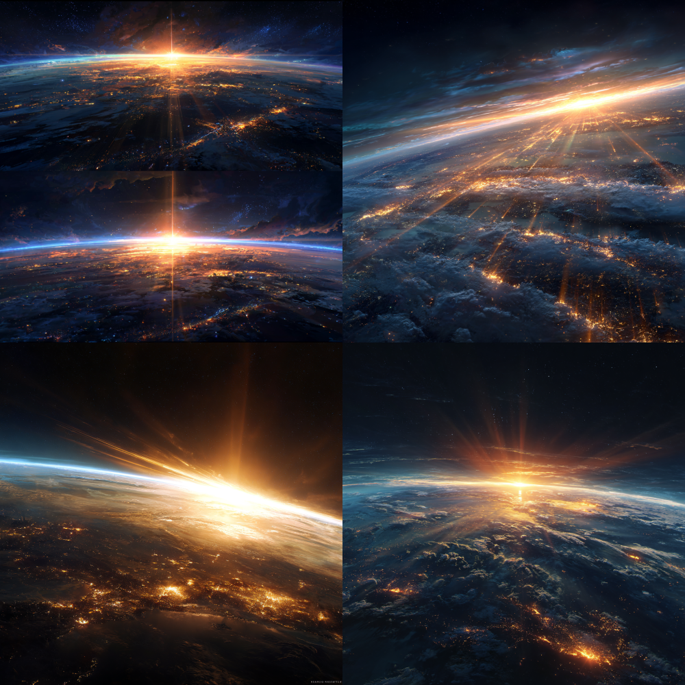 Epic sci-fi scene, a breathtaking space perspective overlooking Earth, magnificent sunrise rays cascading over the surface, intertwining flames and city lights on the planet, creating a grand atmosphere of crisis and transformation. Emphasizing stunning contrasts of light and shadow, vibrant colors (deep cosmic blacks, radiant orange-yellow beams, and the azure Earth), reflecting the grand narrative of sci-fi regarding humanity's fate and the power of technology, aspect ratio 16:9.