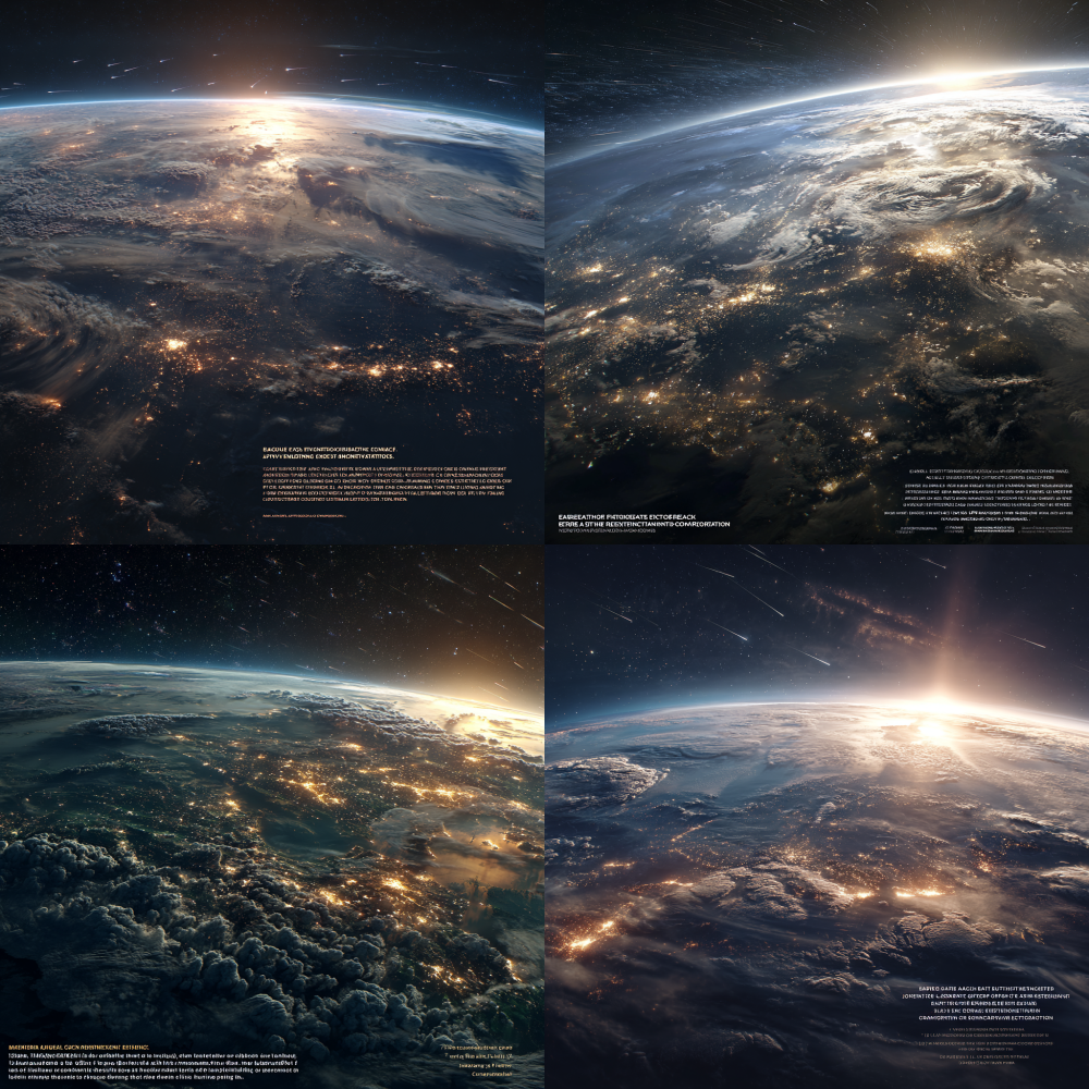 A breathtaking view of Earth from space, illuminated by the radiant sunlight at the edge of the atmosphere. The surface showcases intricate cloud patterns and vibrant city lights, while the vast cosmos is adorned with twinkling meteor-like glimmers. In a sci-fi realism style, the grandeur of light and shadow emphasizes the theme of "Earth's ecology under climate control intervention." Captured in stunning 8K hyper-realistic quality. Reference: "A celestial perspective of Earth, sunlight painting the atmosphere, city lights on the surface like sparkling stars, a deep cosmic background with meteor light points, sci-fi realism style, grand light and shadow, reflecting the influence of climate control on Earth's ecology, 8K hyper-realistic."