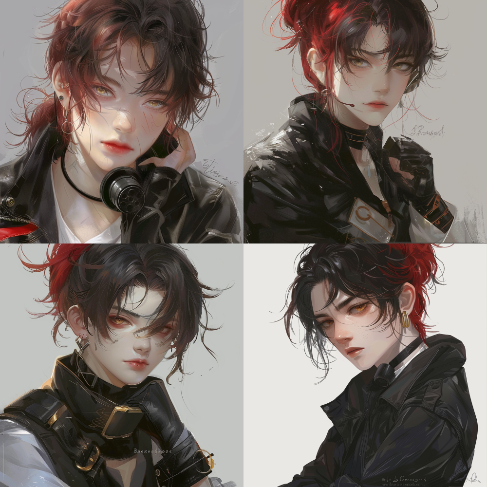 Refer to the example image style < https://oc.superx.chat/img/1752247805535.jpeg > The painting style refers to this type and is modified. Wearing a black combat suit with a pure white background, it helps me create a picture of semi thick painting, matte style, and anime style. Male, with black hair and a high ponytail, golden eyes, drooping eyebrows, a mole on the lower left corner of the lips with single phoenix eyes, and earrings on the left ear --v 6
