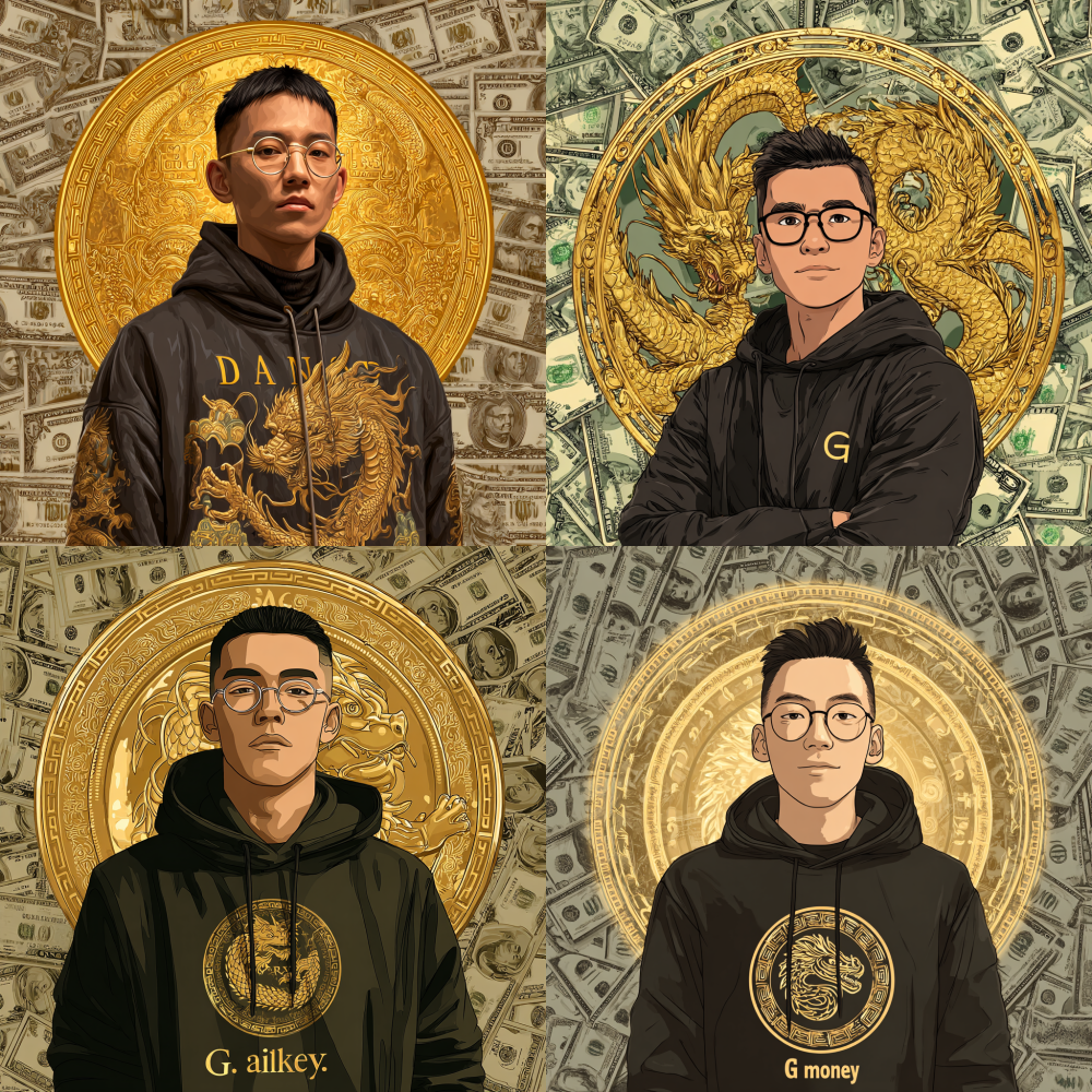 Create an avatar of the Chinese man with black hair, wearing hoodies and sweatshirts from G Key dragons mirrored within circular shapes filled in gold cashes. The logo "G alias money" is written on his chest. He has short hair and wears glasses, giving hima professional appearance. Behind it lies a background made up entirely of dollar bills. The entire scene should have a golden tone to reflect wealth., real photo style