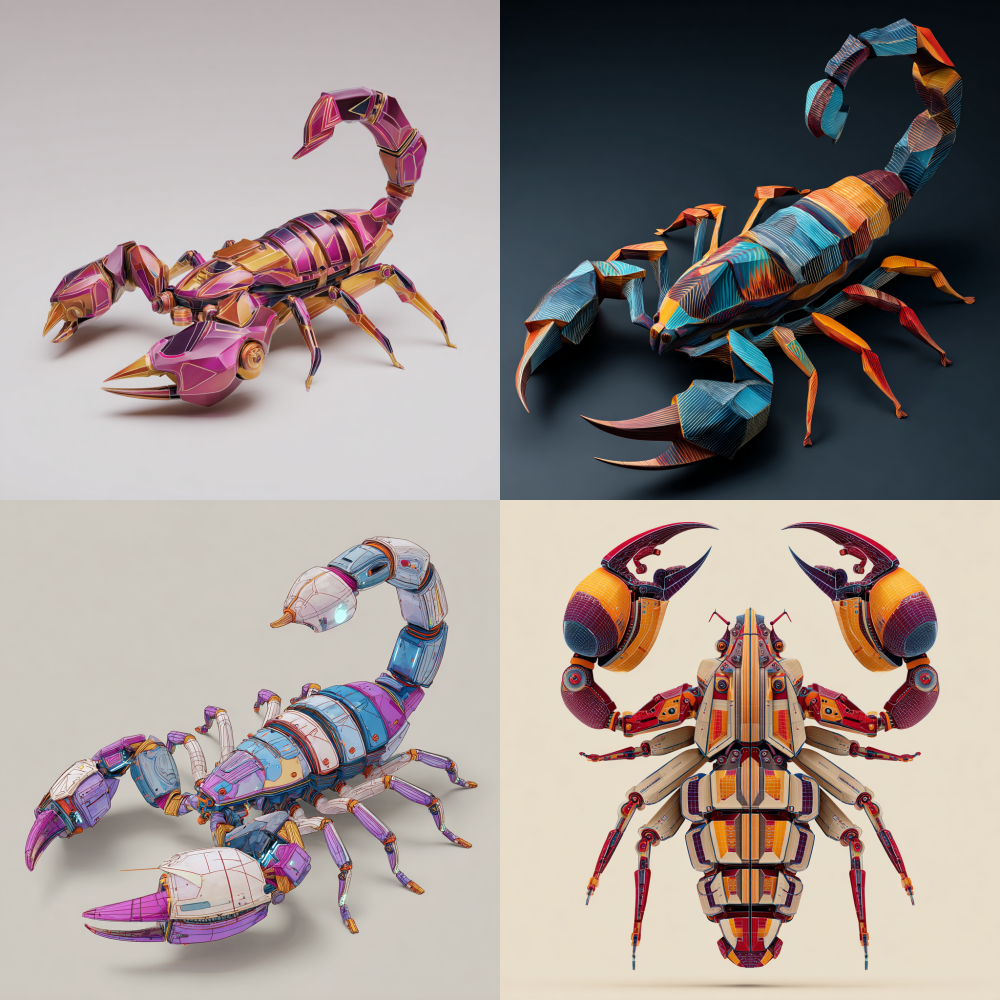 Toy scorpion, simulation, cartoon style, lines, cool, high-end colors, design sense, angular elements