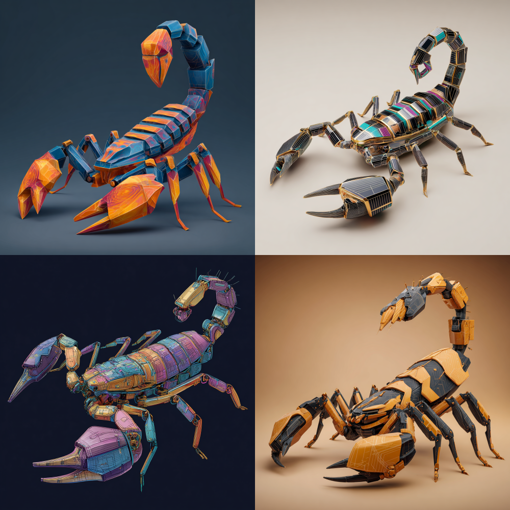 Toy scorpion, simulation, cartoon style, lines, cool, high-end colors, design sense, angular elements