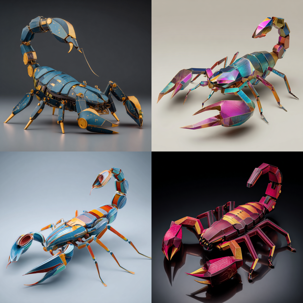 Toy scorpion, simulation, cartoon style, lines, cool, high-end colors, design sense, angular elements