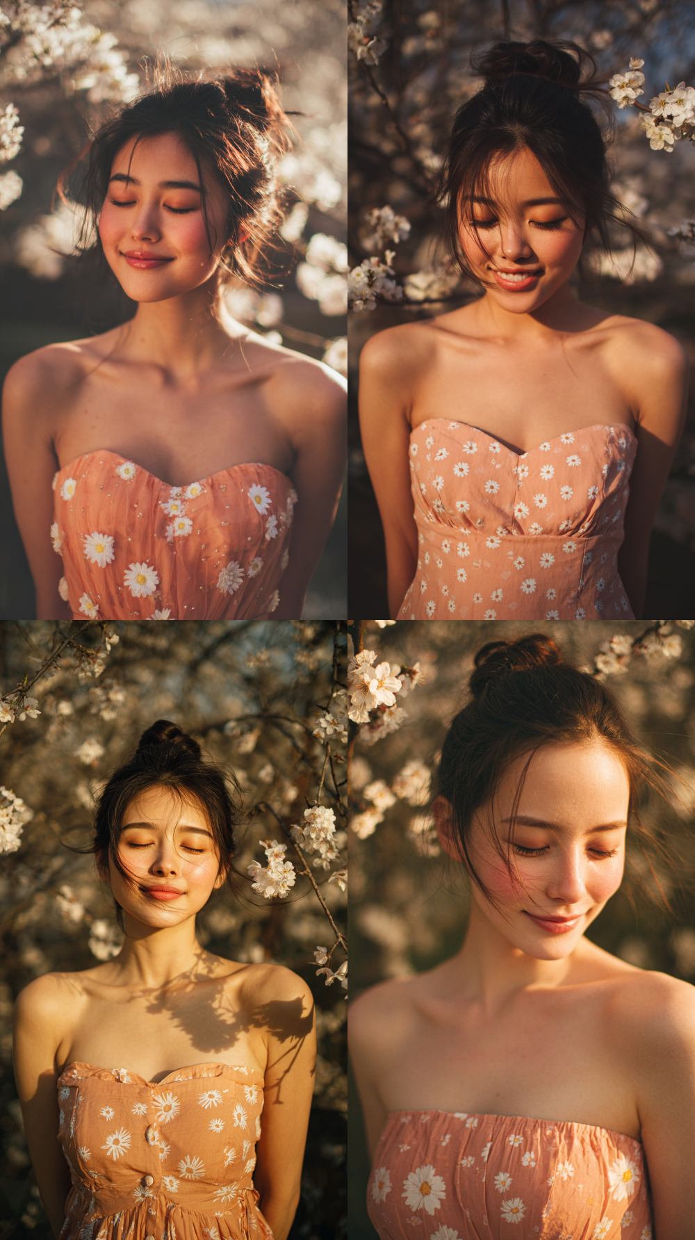 A captivating photograph of a young Asian woman with porcelain skin and flowing dark brown hair elegantly styled in a loose bun, with delicate strands softly framing her face. She wears a strapless, peach-hued dress adorned with charming white daisy-like flowers. Her expression radiates serenity, with closed eyes and a gentle, tranquil smile. The background is artfully blurred, showcasing graceful cherry blossom branches adorned with ethereal white blooms. The natural lighting bathes her face and the blossoms in a warm, golden glow, evoking a serene, springtime ambiance. --ar 9:16