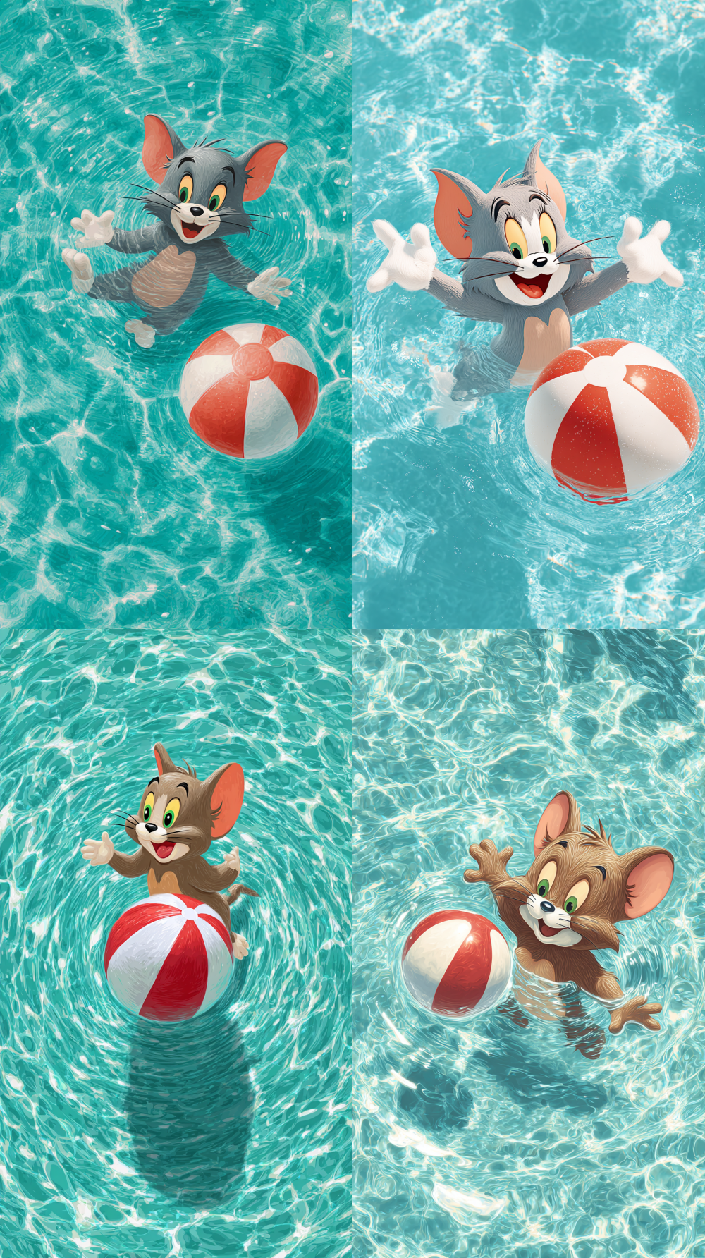 :“Jerry from Tom and Jerry, playing happily in a turquoise swimming pool with a red - white striped ball, bright water ripples, cartoon style, high detail --ar 9:16