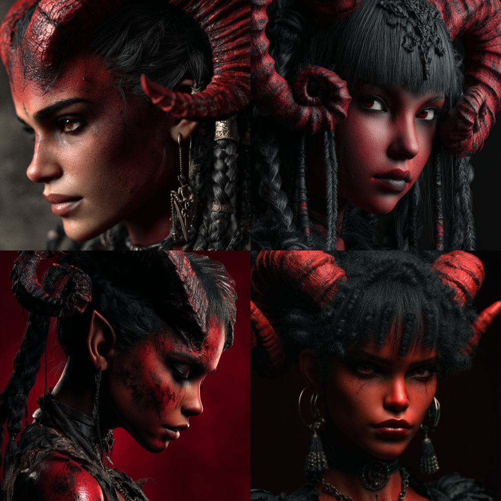 Female black hair, red skinned devil, style CGI