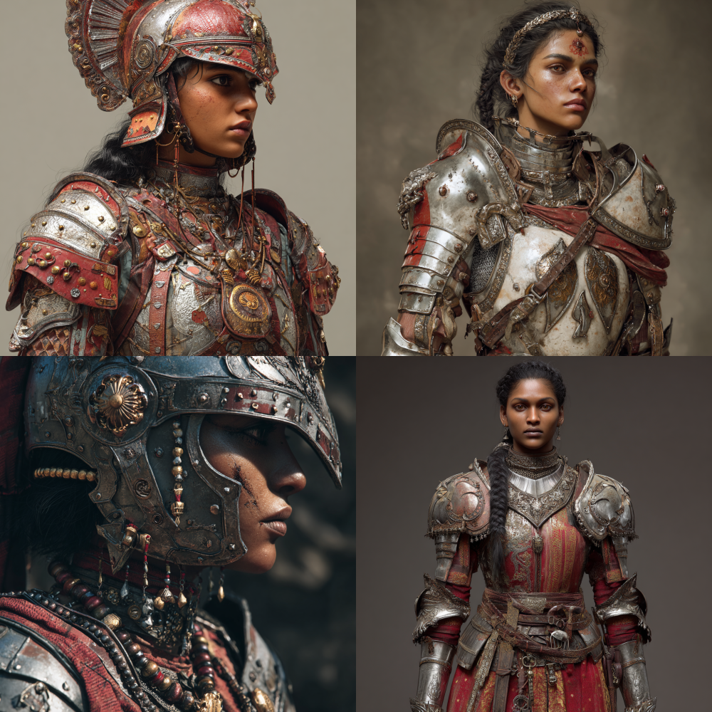 Indian medieval heavily armored female warrior, style CGI