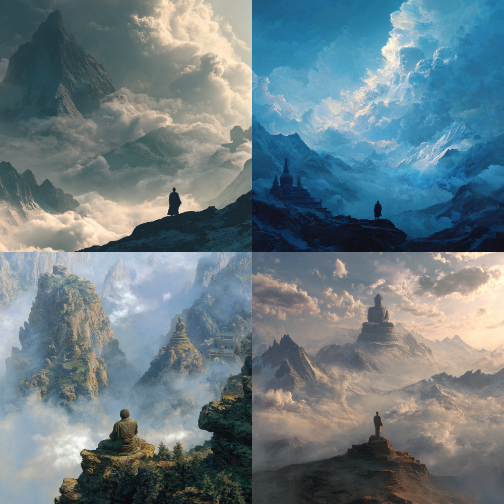 I stand on a very high mountain, overlooking other high mountains in the world. Behind me, there is a higher and less determined mountain that passes through the clouds. The figure of Buddha can be vaguely seen from the high mountain behind.
