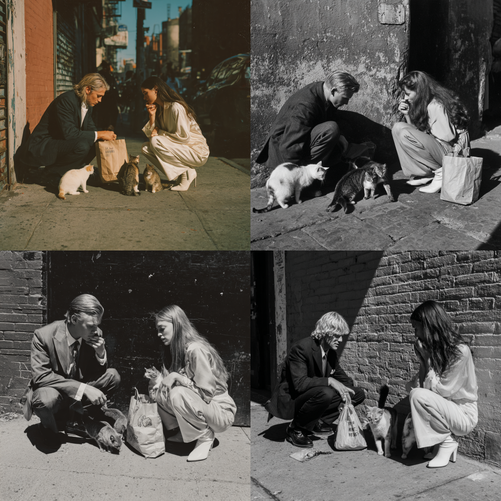A man and a woman full body both squat down in a sunny spacious alleyway, man is feeding 2 and 3 stray cats with small chunks of fish and the cats are rubbing against his ankle, and woman’s back is facing the camera more, showing her profile side view, long hair, holding a paper grocery bag, one hand on her chin. The man front body is facing towards the camera only 1/4 not tilted, slick blonde hair combed back, wearing suits and shirts. The woman’s wearing white boots with average heels, loose long wide-leg silk long romper and squatting down at the same time. The man’s hand is petting a cat.