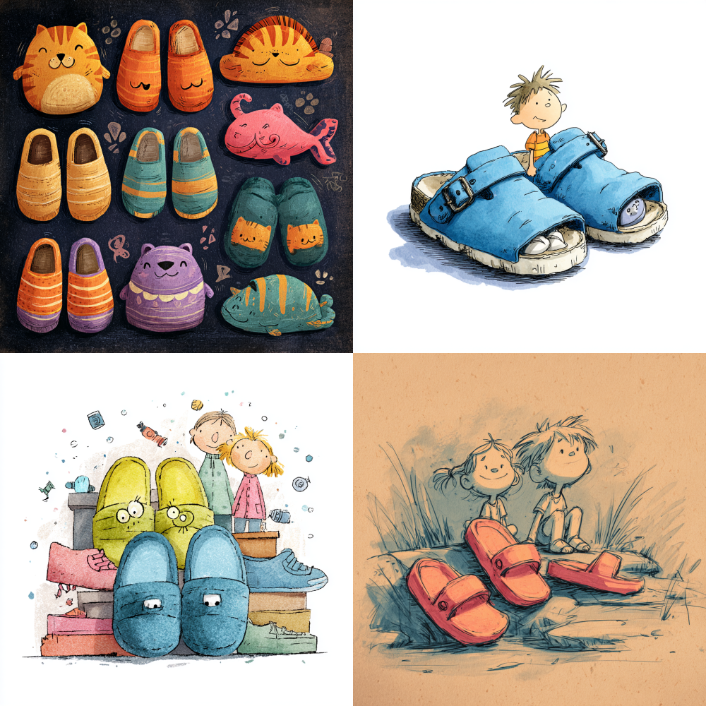 Cartoon drawing with children's slippers as the theme