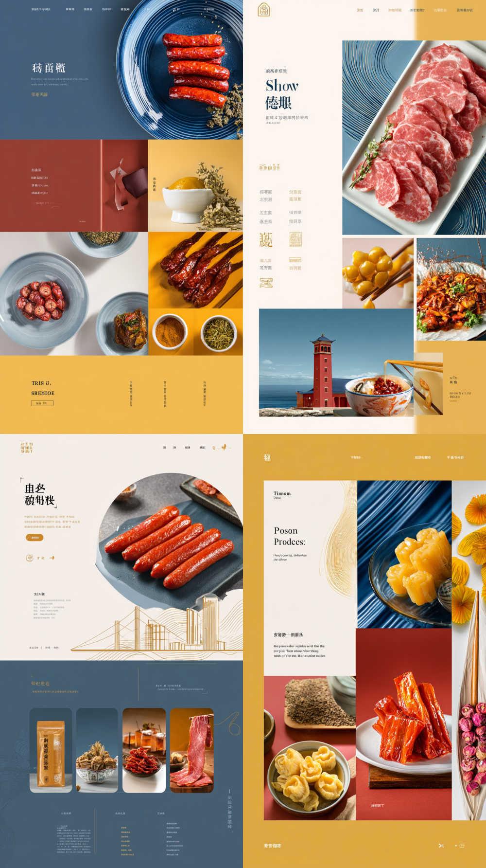 Create a modern and minimalist design for the homepage of a flagship online store for cooked food, based on Tianjin French or Italian style architecture (line drawing). The blue and gold abstract line elements of Haihe River are layered, and the color scheme of the product area is vertical and panoramic. For visual cleanliness, a white background is required. Visual Focus: First Screen Large Image: Left is a close-up of high appetite (amber shiny red sausage slices braised pork elbow, meat juice crystal clear), right is an abstract Haihe River blue ripple background, overlaid with minimalist lines outlining the Tianjin Eye contour, gold slogan "Tianjin style craftsmanship year fragrance". Home Navigation Bar: Matte gold text on a deep ceramic red background, classification: Classic braised youth preserved meat, new chapter banquet gift box, brand traceability trust endorsement column: white background light gray border, icon display: certification logo, laboratory icon, self raised black pig traceability farm thumbnail, modern factory overhead photo Product Division: Classic Dining Area (warm orange yellow): Grid display of red sausage, garlic sausage, sauce beef, background, soft orange yellow gradient, icon For the pottery bowl wooden chopsticks braised youth area (trendy and cool amber orange): dynamic oblique layout displays spicy duck neck and fresh pig head meat, Background: deep space gray pulse light effect, title: bold and biting neutral comic with duck neck image, light luxury gift box area (deep pottery red gold): the gift box is suspended and rotated for display, with matte gold wire wrapped around it, abstract Haihe River blue wave pattern background details: sufficient overall white space, font: title in Fangzheng Songhei Simplified Chinese, text in Alibaba Puhui font; Tianjin elements only retain abstract wavy line landmarks (proportion); Soft and natural light and shadow , + +, , 9:16
1. 60%+40%“30 · ”
2. + | | | |
3. +ISO22000 | SNAS | “” |
4.
- //+
- /+“ ” + IP
- +
5. /<20% --ar 9:16