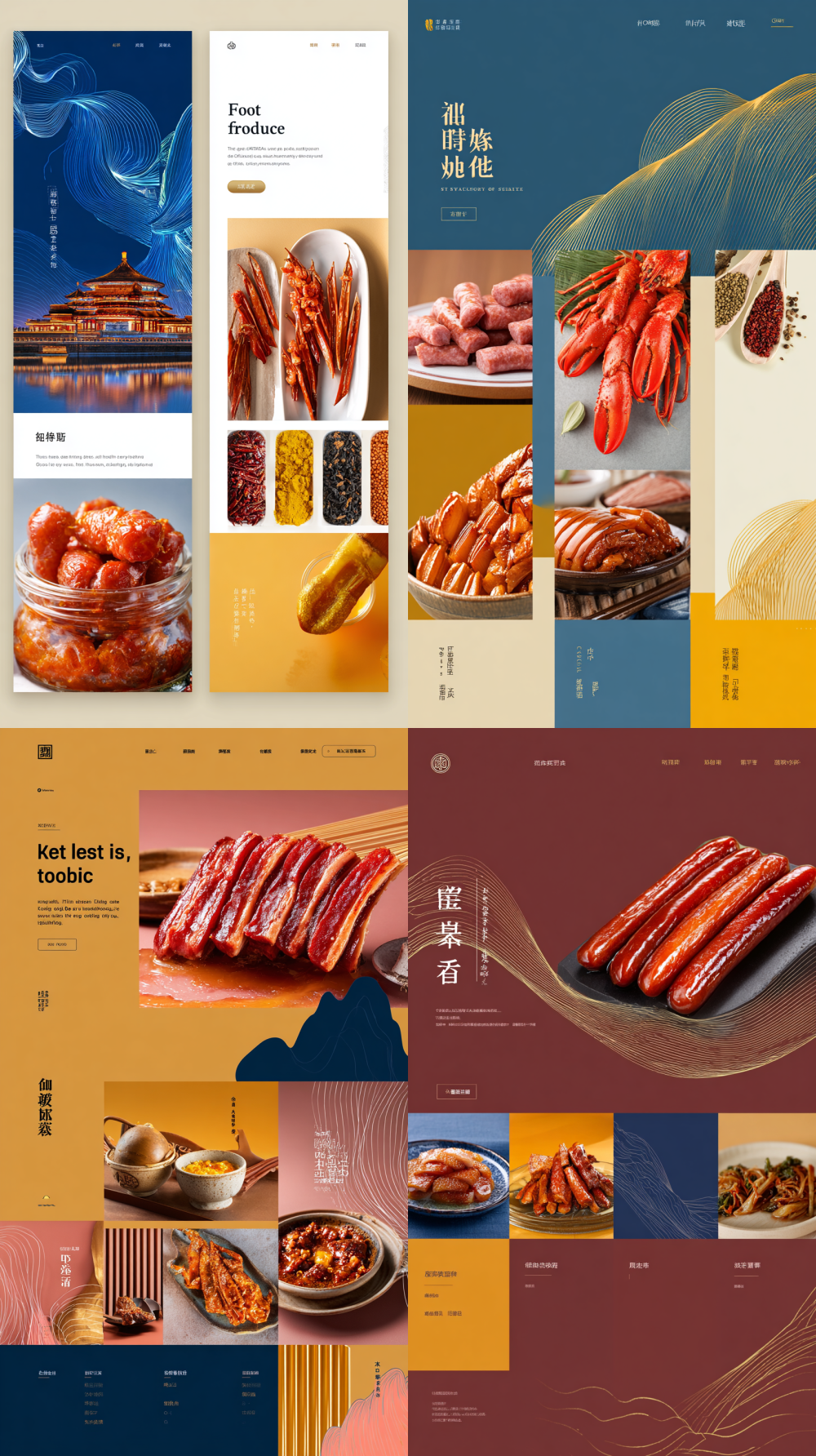 Create a modern and minimalist design for the homepage of a flagship online store for cooked food, based on Tianjin French or Italian style architecture (line drawing) with blue and gold abstract wave elements of the Haihe River. Layered product areas with color matching and vertical panoramic views should have a white background for visual cleanliness. Visual Focus: First Screen Large Image: Left is a close-up of high appetite (amber shiny red sausage slices braised pork elbow, meat juice crystal clear), right is an abstract Haihe River blue ripple background, overlaid with minimalist lines outlining the Tianjin Eye contour, gold slogan "Tianjin style craftsmanship year fragrance". Home Navigation Bar: Matte gold text on a deep ceramic red background, classification: Classic braised youth preserved meat, new chapter banquet gift box, brand traceability trust endorsement column: white background light gray border, icon display: certification logo, laboratory icon, self raised black pig traceability farm thumbnail, modern factory overhead photo Product Division: Classic Dining Area (warm orange yellow): Grid display of red sausage, garlic sausage, sauce beef, background, soft orange yellow gradient, icon For the pottery bowl wooden chopsticks braised youth area (trendy and cool amber orange): dynamic oblique layout displays spicy duck neck and fresh pig head meat, Background: deep space gray pulse light effect, title: bold and biting neutral comic with duck neck image, light luxury gift box area (deep pottery red gold): the gift box is suspended and rotated for display, with matte gold wire wrapped around it, abstract Haihe River blue wave pattern background details: sufficient overall white space, font: title in Fangzheng Songhei Simplified Chinese, text in Alibaba Puhui font; Tianjin elements only retain abstract wavy line landmarks (proportion); Soft and natural light and shadow , + +, , 9:16
1. 60%+40%“30 · ”
2. + | | | |
3. +ISO22000 | SNAS | “” |
4.
- //+
- /+“ ” + IP
- +
5. /<20% --ar 9:16