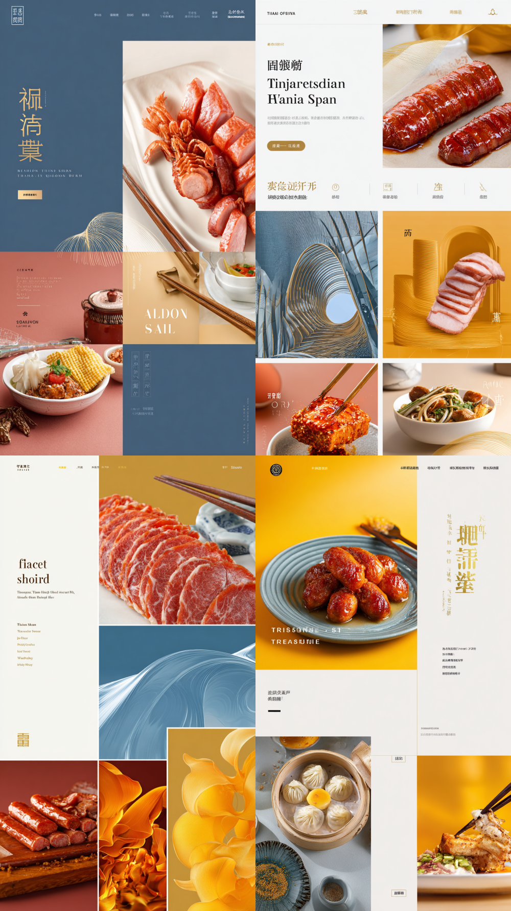 Create a modern and minimalist design for the homepage of a flagship online store for cooked food. The Tianjin French or Italian style dome architecture features blue and gold abstract wave line elements of the Haihe River, layered product areas with color matching and vertical panoramic views. For visual cleanliness, a white background is required to highlight Tianjin's characteristics of Haihe River and Western style architecture. Visual Focus: First Screen Large Image: Left is a close-up of high appetite (amber shiny red sausage slices braised pork elbow, meat juice crystal clear), right is an abstract Haihe River blue ripple background, overlaid with minimalist lines outlining the Tianjin Eye contour, gold slogan "Tianjin style craftsmanship year fragrance". Home Navigation Bar: Matte gold text on a deep ceramic red background, classification: Classic braised youth preserved meat, new chapter banquet gift box, brand traceability trust endorsement column: white background light gray border, icon display: certification logo, laboratory icon, self raised black pig traceability farm thumbnail, modern factory overhead photo Product Division: Classic Dining Area (warm orange yellow): Grid display of red sausage, garlic sausage, sauce beef, background, soft orange yellow gradient, icon For the pottery bowl wooden chopsticks braised youth area (trendy and cool amber orange): dynamic oblique layout displays spicy duck neck and fresh pig head meat, Background: deep space gray pulse light effect, title: bold and biting neutral comic with duck neck image, light luxury gift box area (deep pottery red gold): the gift box is suspended and rotated for display, with matte gold wire wrapped around it, abstract Haihe River blue wave pattern background details: sufficient overall white space, font: title in Fangzheng Songhei Simplified Chinese, text in Alibaba Puhui font; Tianjin elements only retain abstract wavy line landmarks (proportion); Soft and natural light and shadow , + +, , 9:16
1. 60%+40%“30 · ”
2. + | | | |
3. +ISO22000 | SNAS | “” |
4.
- //+
- /+“ ” + IP
- +
5. /<20% --ar 9:16