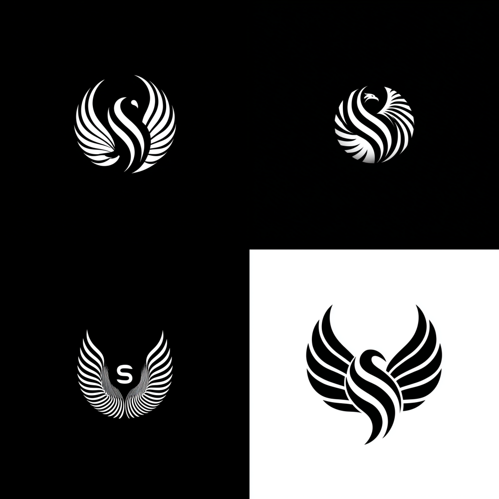round Generate a brand logo with phoenix wings, curves, minimalist lines, black and white S,