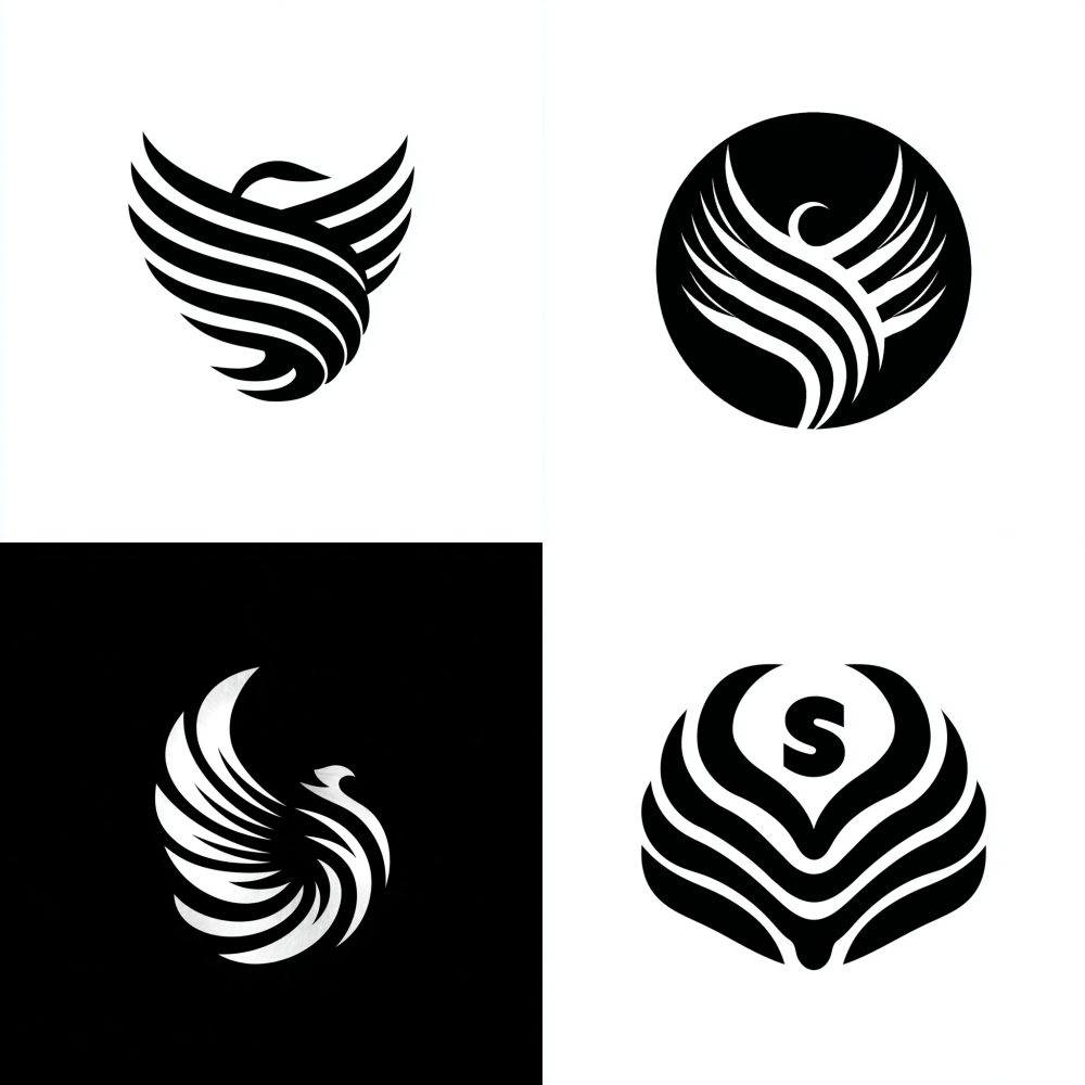 round Generate a brand logo with phoenix wings, curves, minimalist lines, black and white S,