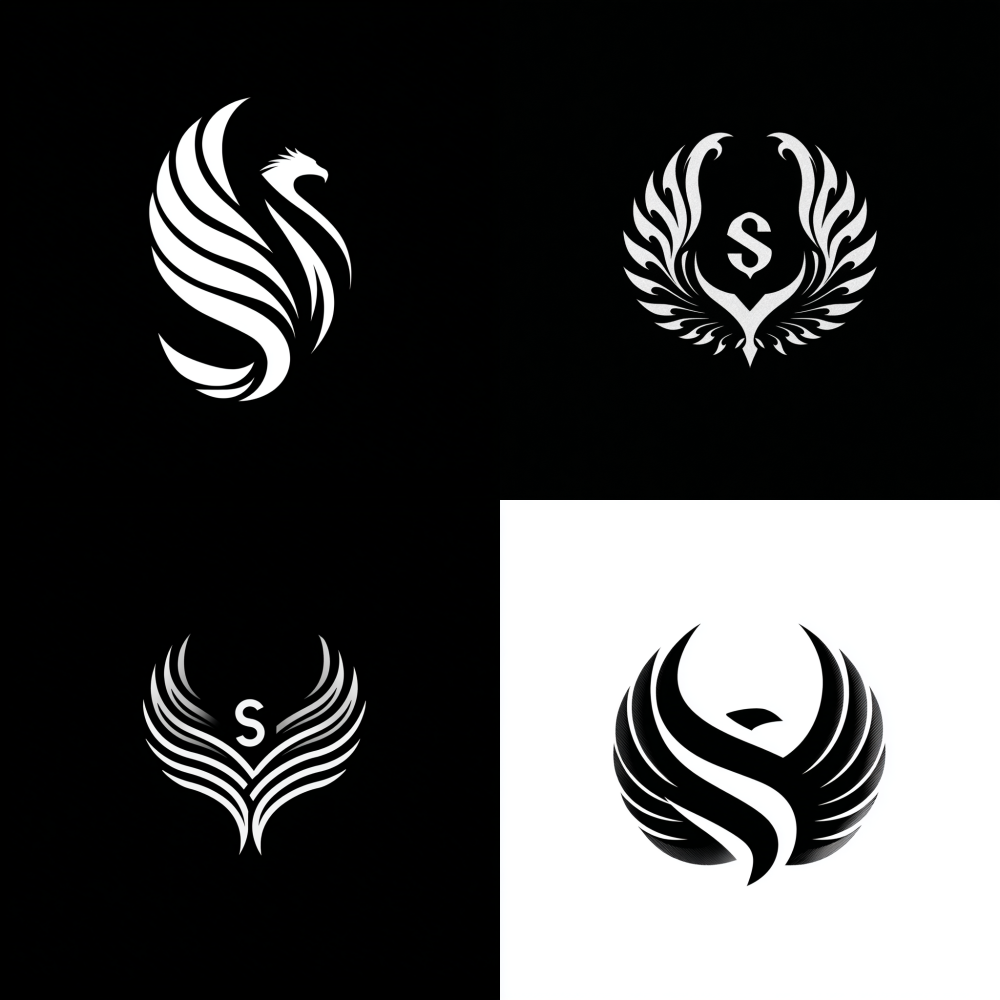 round Generate a brand logo with phoenix wings, curves, minimalist lines, black and white S,