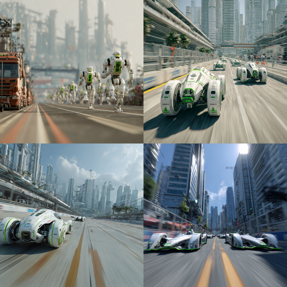 In the context of the future of technology, a realistic photography style is used to generate close-up shots of robots racing towards the finish line. The surrounding scenery includes high-rise buildings in the city and logistics vehicles driving on distant roads. The overall color is mainly white, with green accents