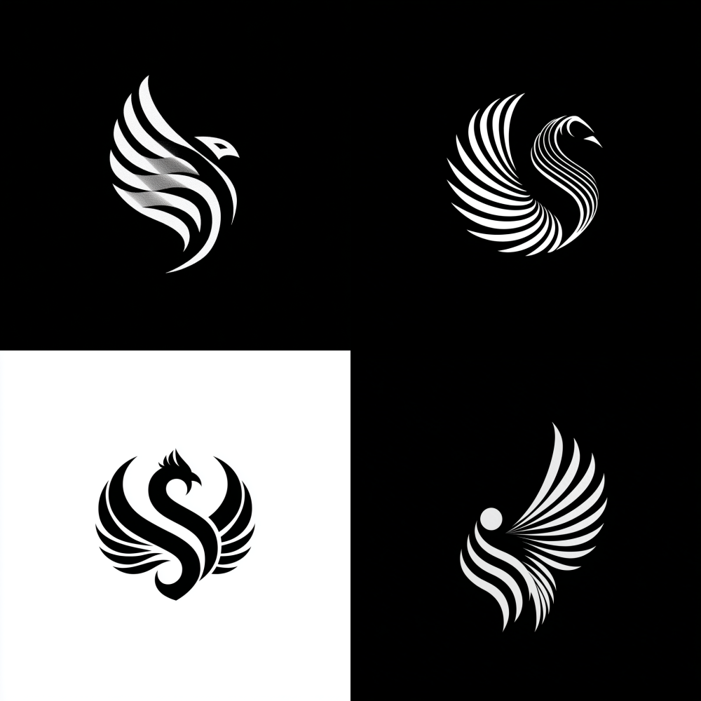 round Generate a brand logo with phoenix wings, curves, minimalist lines, black and white S,