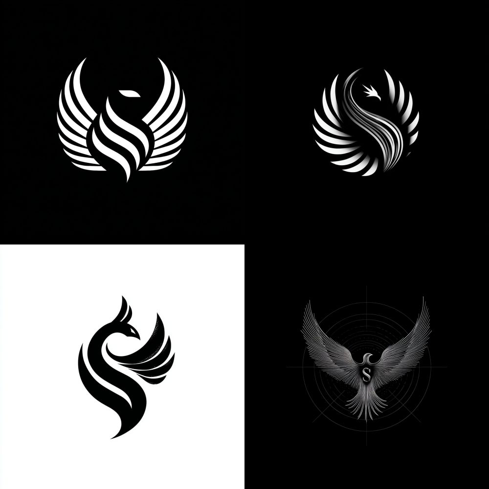 round Generate a brand logo with phoenix wings, curves, minimalist lines, black and white S,
