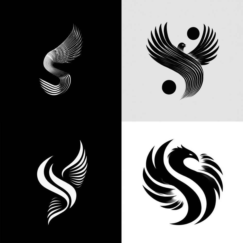round Generate a brand logo with phoenix wings, curves, minimalist lines, black and white S,