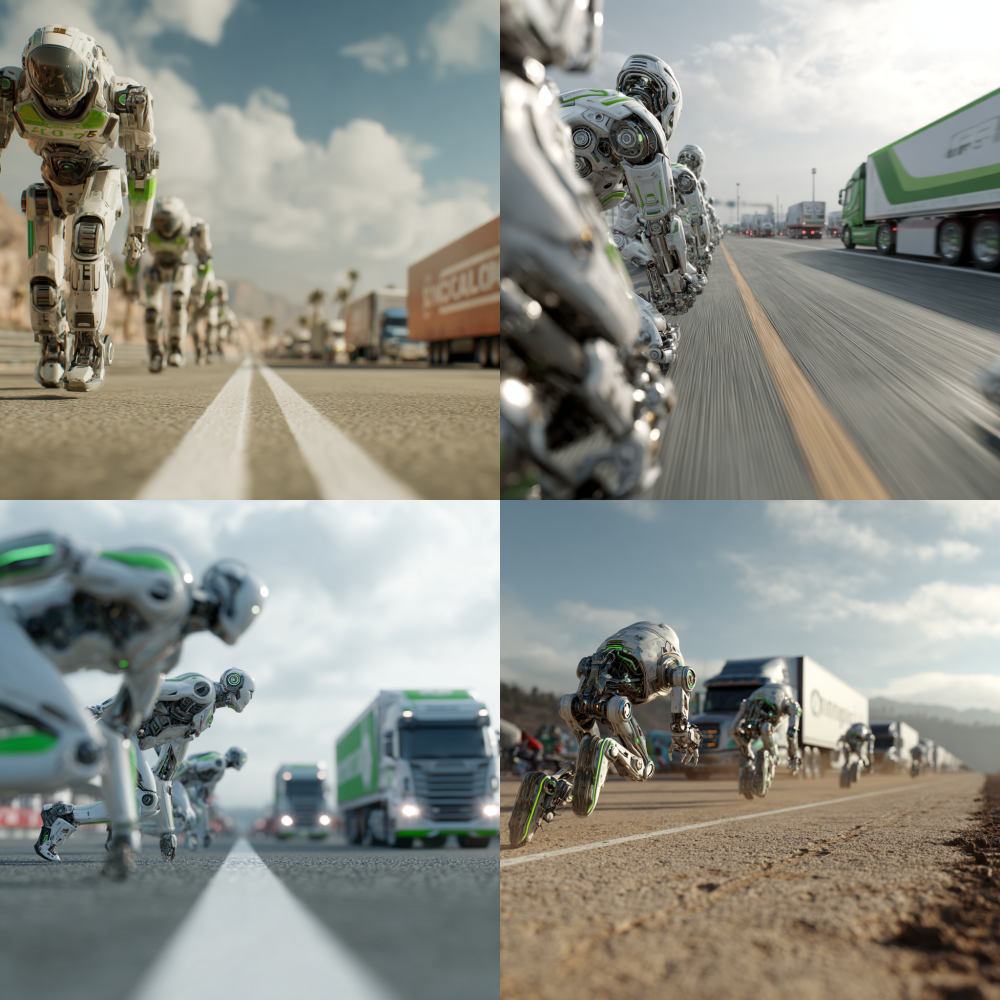 In the context of the future of technology, a realistic photography style is used to generate close-up shots of robots racing towards the finish line. In the distant view, there are logistics trucks driving on the distant road, with white as the main color and green as the accent