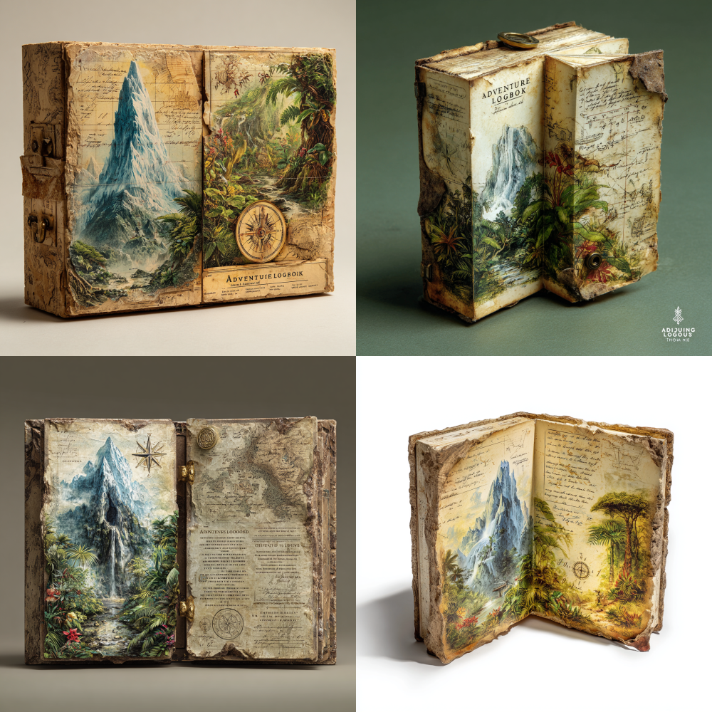 A rectangular children's blind box toy packaging, 21cm x 14cm x 8cm, designed as a partially opened, ancient "Adventure Logbook." The front visually presents two main "pages." The left page is a vivid, hand-drawn illustration of a towering arctic glacier with a hidden cave entrance. The right page displays a lush, intricate tropical rainforest scene with exotic flora and a faint map overlay. The paper texture is aged, yellowed, and slightly torn at the edges, with visible creases and subtle ink smudges. Faded handwritten notes and diagrams are subtly integrated. A vintage brass compass is depicted as if resting on the pages. Studio lighting, highly detailed, rustic.