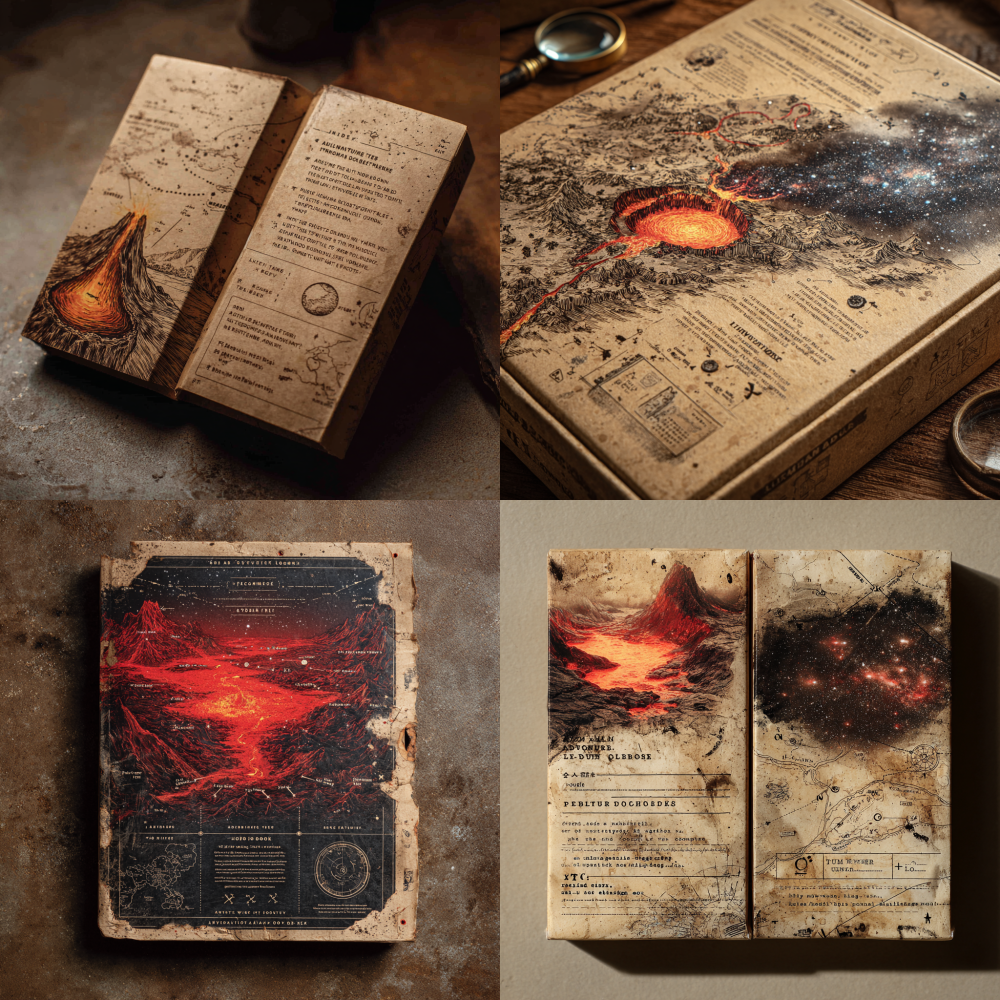 The back side of the children's blind box packaging, 21cm x 14cm x 8cm, visually completing the "Adventure Logbook." This side showcases two more "journal pages." One page depicts a dramatic, fiery volcanic landscape with a bubbling lava lake, rendered in a hand-drawn style. The other page illustrates a mesmerizing cosmic starfield with nebulae and distant galaxies, appearing as a detailed celestial map. Subtle "treasure X" marks and dotted lines for a quest path are drawn across the environments. Product information is formatted as a "log entry" or "discovery notes." The aged paper texture, ink splatters, and a small, printed magnifying glass icon reinforce the explorer's theme. Studio lighting, vintage aesthetic.