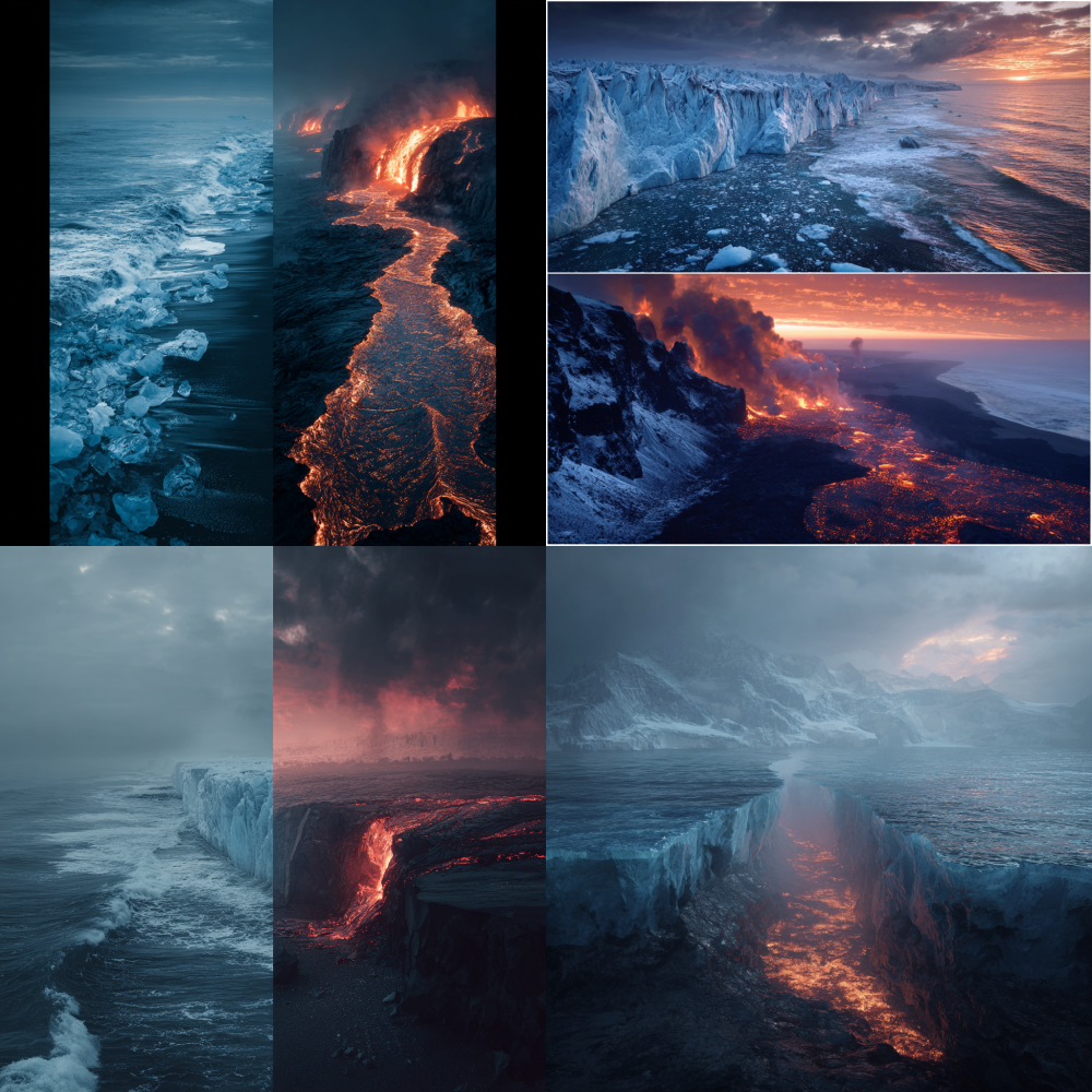 On the left is a glacier ocean, on the right is volcanic lava, and the middle part of the magma and seawater merge together, creating a spectacular scene