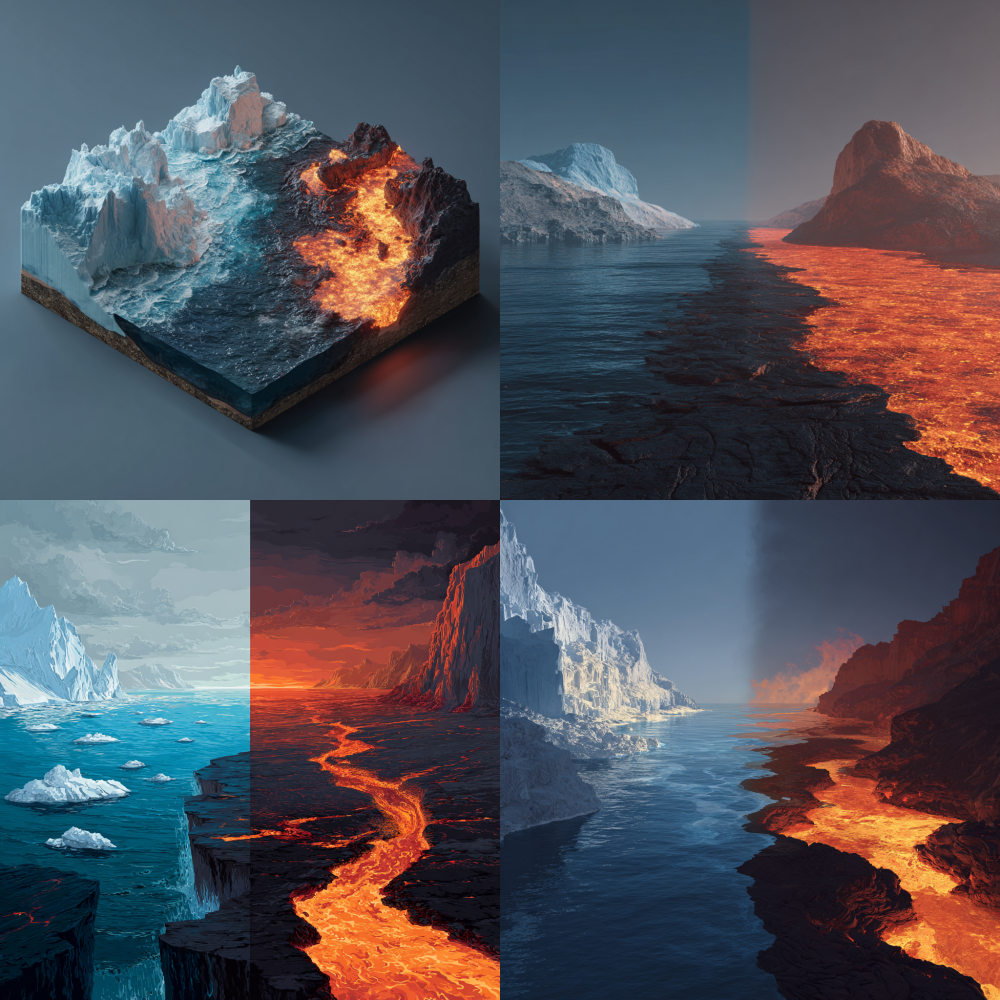 Design a scene where the left part is a glacier and the ocean, and the right part is volcanic lava. In the same scene, the water from the ocean and the lava from the volcano flow together without any discordance