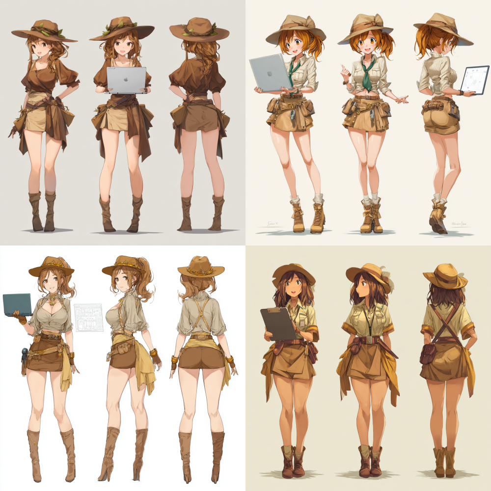 Full body, full body, a girl wearing jungle adventure outfit, brown hat, and brown short skirt, holding a computer, with a sense of technology, game character design, three view character design, front view, side view, back view, girl side view, girl front view, girl back view, popular market, single ponytail, exquisite, smiling, beautiful, cute and colorful, board drawing, white background, high-definition photography IPanato finnstark