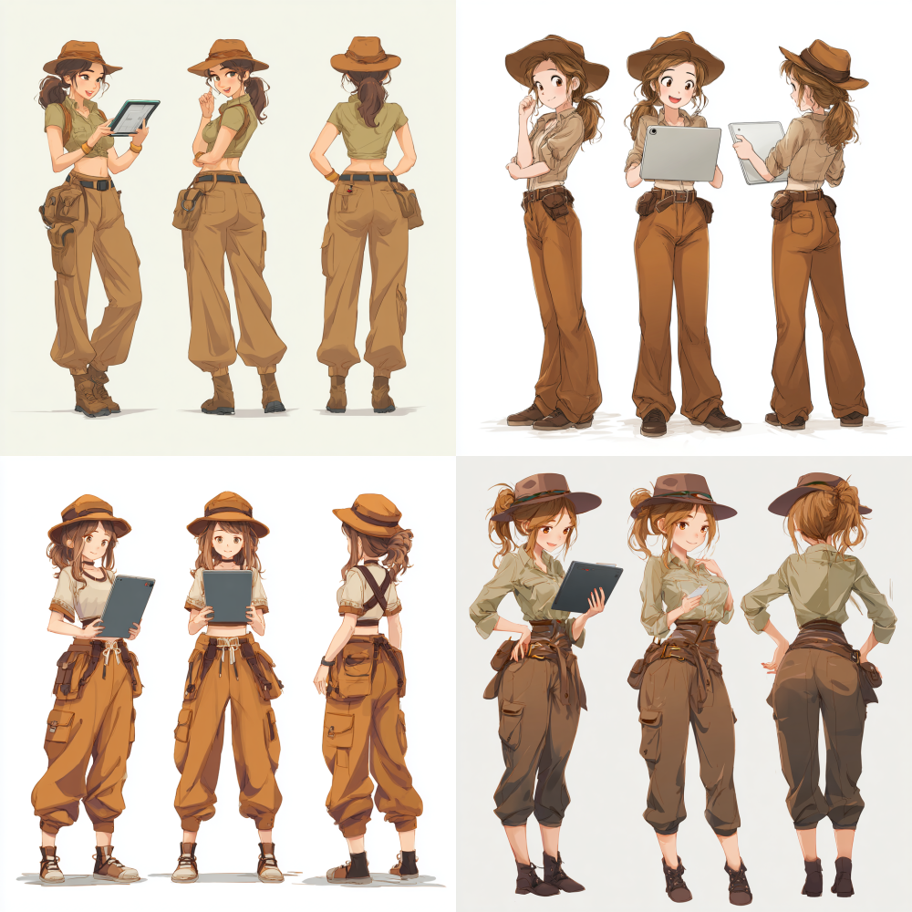 Full body, full body, a girl wearing jungle adventure outfit, brown hat, and brown pants, holding a computer, with a sense of technology, game character design, three view character design, front view, side view, back view, girl side view, girl front view, girl back view, popular market, single ponytail, exquisite, smiling, beautiful, cute and colorful, board drawing, white background, high-definition photography IPanato finnstark