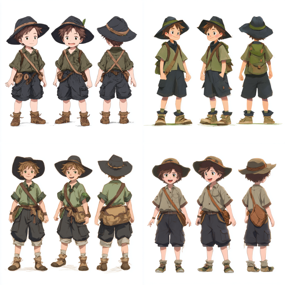 Full body, full body, a cute young man wearing jungle adventure outfit, dark hat, and dark shorts, game character design, three view character design, front view, side view, back view, boy side view, boy front view, boy back view, popular market, short hair, exquisite, smiling, beautiful, cute and colorful, board drawing, white background, high-definition photography IPanato finnstark