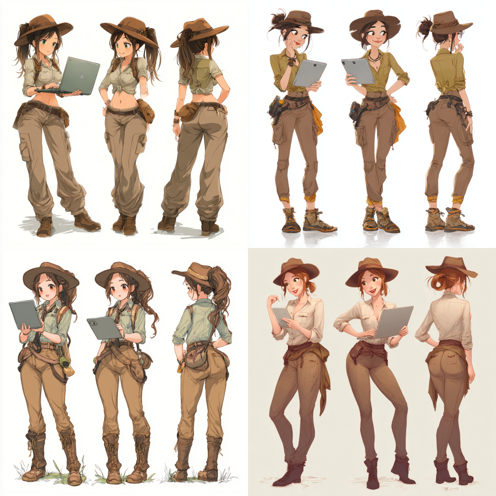 Exaggerated clothing with personal characteristics, Full body, full body, a girl wearing jungle adventure outfit, brown hat, and brown pants, holding a computer, with a sense of technology, game character design, three view character design, front view, side view, back view, girl side view, girl front view, girl back view, popular market, single ponytail, exquisite, smiling, beautiful, cute and colorful, board drawing, white background, high-definition photography IPanato finnstark