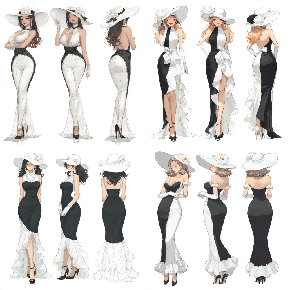 Full body, full body, a woman wearing a white and black fishtail dress, a white pearl hat, and black and white high heels, game character design, three view character design, front view, side view, back view, woman side view, woman front view, woman back view, popular market, long hair, exquisite, smiling, beautiful, colorful, board drawing, white background, high-definition photography IPanato finnstark