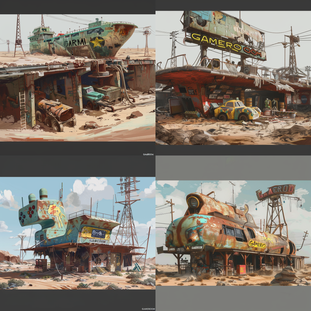 < https://oc.superx.chat/img/1752937626272.jpg > A long-abandoned cargo ship lies serenely in a sprawling desert, supported by a network of rusted steel I-beams. Above these beams, corrugated metal sheets are elegantly draped, partially hidden beneath the ever-shifting sands. Nestled among the beams and metal sheets, a collection of vintage arcade machines evokes nostalgia, remnants of a cherished past. At the heart of the ship's weathered hull, a colossal game controller stands as a striking focal point, adorned with luminous neon tubing that spells out "GAMEROOM" in vibrant colors. The ship's once-teal hull, now a canvas of peeling paint, tells tales of time and nature's relentless embrace, while towering electrical pylons and rusted oil tanks loom in the background, creating a dramatic juxtaposition against the desolate yet hauntingly beautiful landscape. --v 6