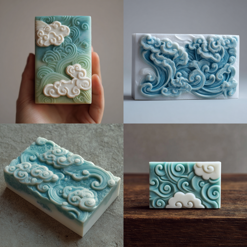 Rectangular soap, simple white auspicious cloud relief, light blue-green color