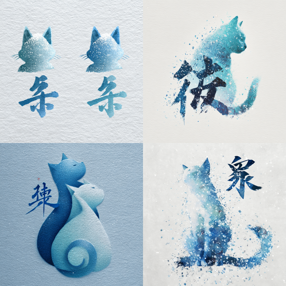 The two Chinese characters' Chuxue 'are designed to outline a cat in an ink style, with a combination of cat ears and tail, white and light blue, giving the feeling of snow 「」”