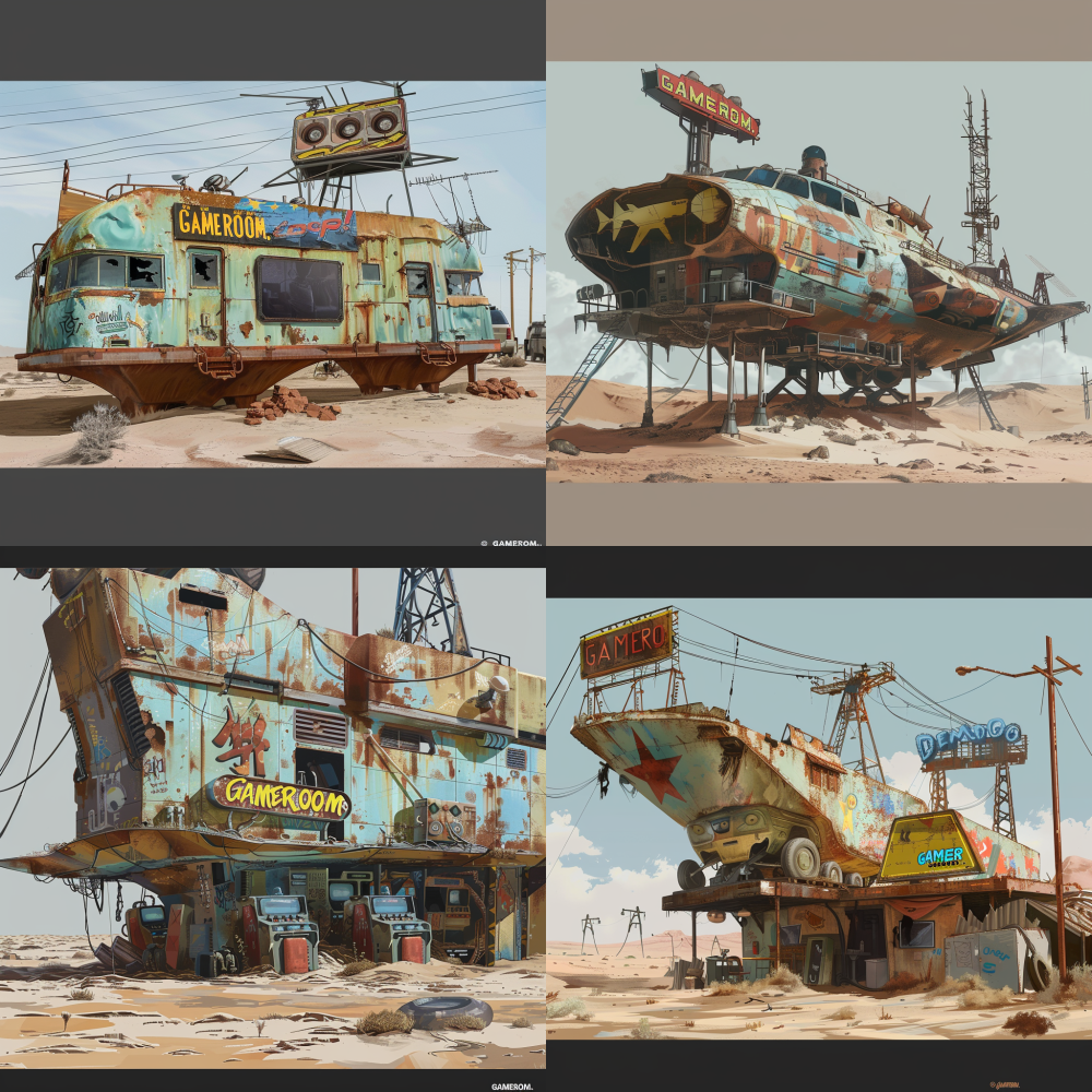 < https://oc.superx.chat/img/1752937626272.jpg > A long-abandoned cargo ship rests in a vast desert, propped up by numerous steel I-beams. Above the beams, corrugated metal sheets are draped, partially buried under the shifting sands. Nestled between the beams and the metal sheets are an array of vintage arcade machines, remnants of a bygone era. At the center of the ship's hull, a massive game controller serves as an eye-catching sign, illuminated with neon tubing spelling out "GAMEROOM." The ship's teal hull, weathered by time and elements, reveals peeling paint, while towering electrical pylons and oil tanks loom in the background, creating a stark contrast against the desolate landscape. --v 6