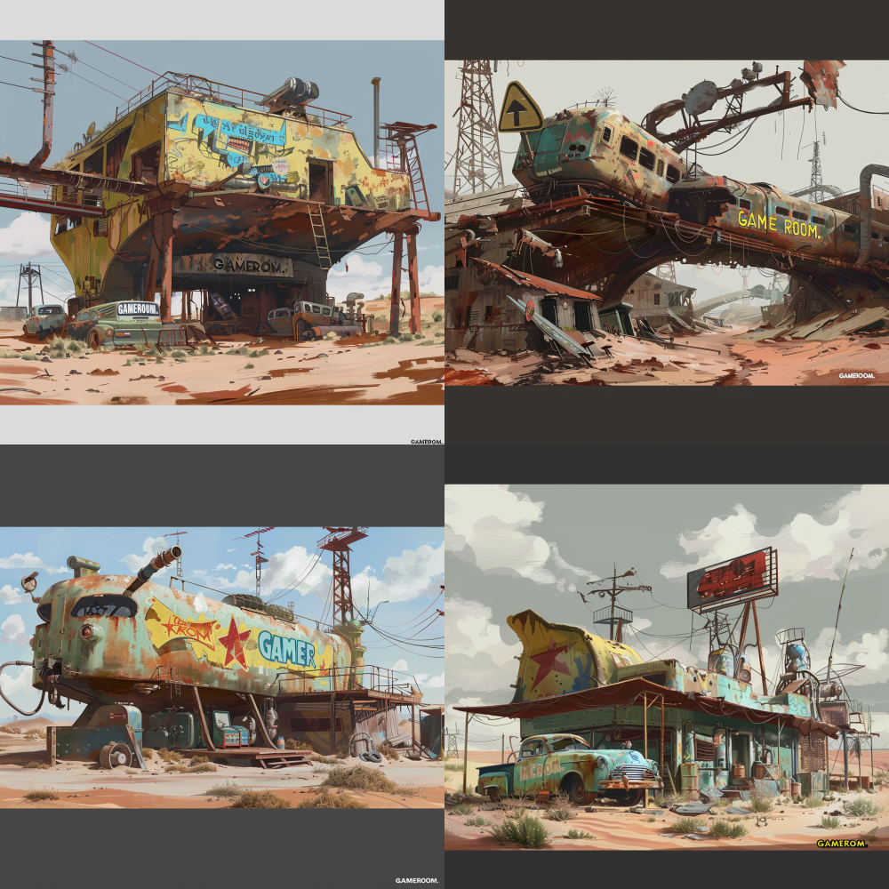 < https://oc.superx.chat/img/1752937626272.jpg > A long-abandoned cargo ship lies in a vast, sun-drenched desert, supported by a web of rusted steel I-beams. Above the beams, tattered corrugated metal sheets flutter gently, partially engulfed by the ever-shifting sands. Nestled between the beams and the weathered metal sheets are a collection of vintage arcade machines, nostalgic relics of a forgotten era. At the heart of the ship's hull, a colossal game controller stands out, its neon tubing aglow with the vibrant words "GAMEROOM." The ship's once-teal hull, now a canvas of peeling paint, tells tales of time and the elements, while towering electrical pylons and rusted oil tanks rise in the background, casting dramatic shadows over the desolate landscape. --v 6